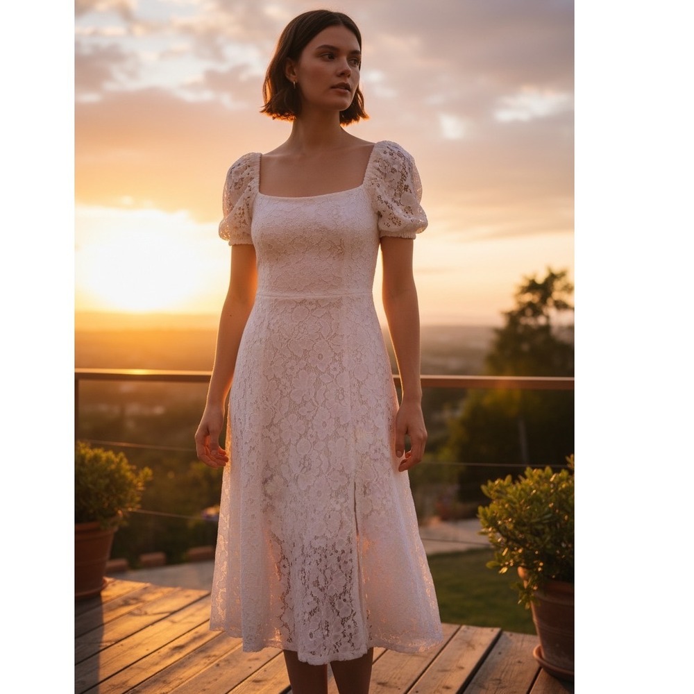 Mi Ami for Francesca's Tabitha White Floral Lace Puff Sleeve Dress Small EUC